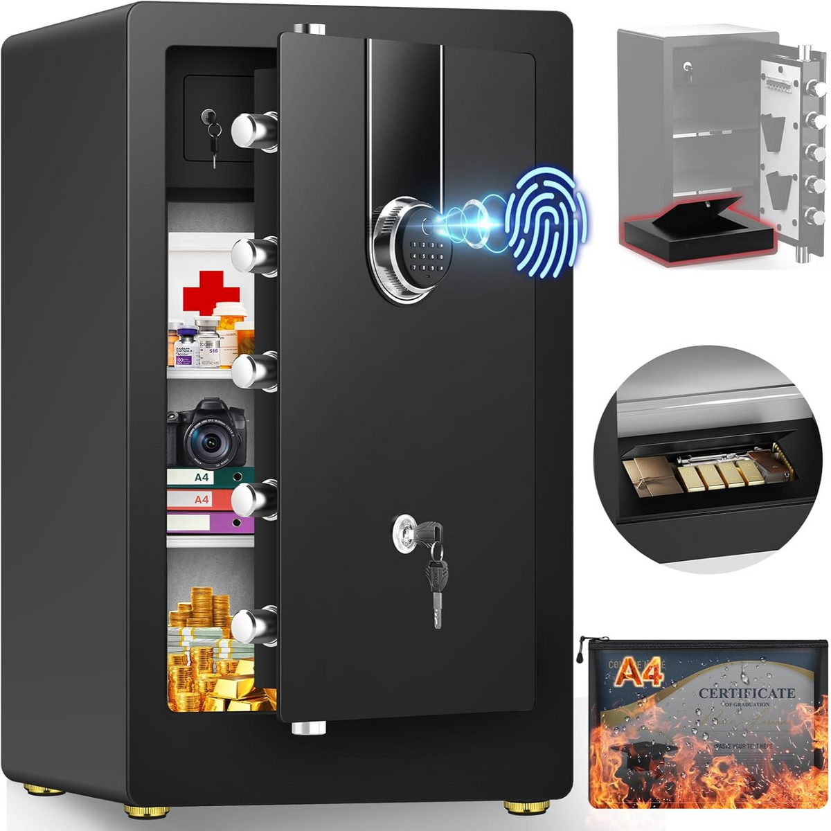 8.1 Cuft Extra Large Biometric Safe Box with Fireproof Document Bag
