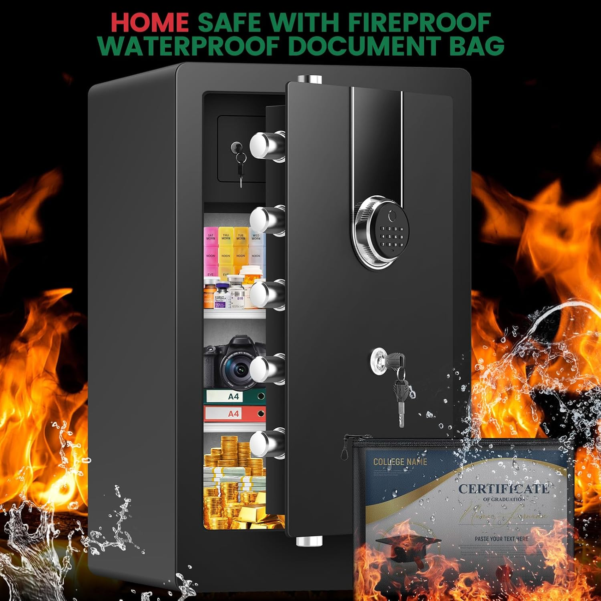 8.1 Cuft Extra Large Biometric Safe Box with Fireproof Document Bag