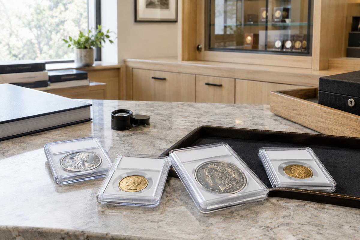 Photorealistic collector's study with graded coins